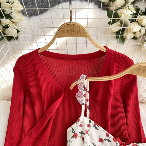 Cardigan&Floral Camisole&Skirt 3Pcs