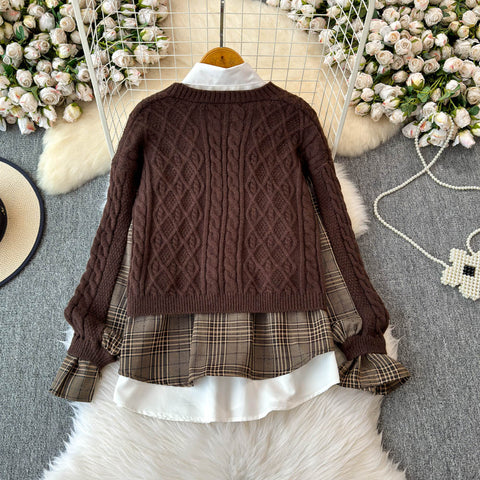 Plaid Patchwork Cardigan&White Shirt 2Pcs