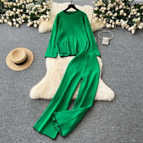 Round-collar Sweater&Trousers 2Pcs