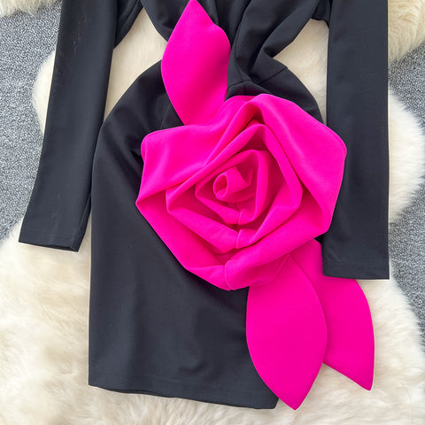 3D Rose Rhinestone Studded Black Dress