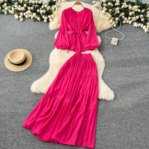 Lace-up Top & Draped Skirt 2Pcs
