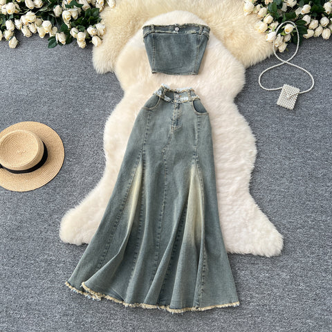 Tank Top & Fringed Skirt Denim 2Pcs