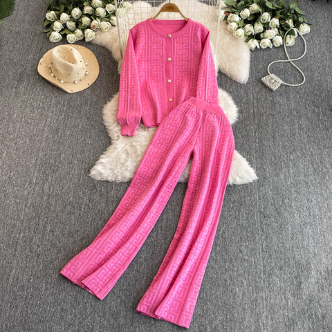 Crochet Cardigan&Wide-leg Trousers 2Pcs