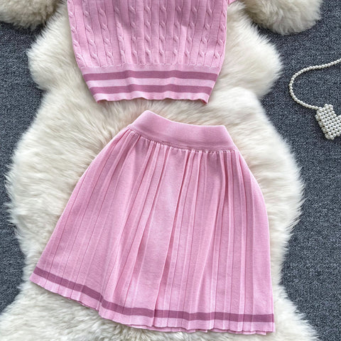 Lapeled Sweater&Pleated Skirt 2Pcs