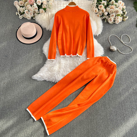 Zipped Cardigan&Wide-leg Trousers 2Pcs