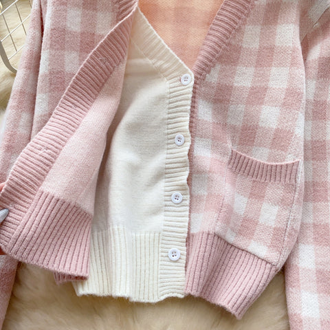 Lace-trim Cardigan&Skirt Plaid 2Pcs