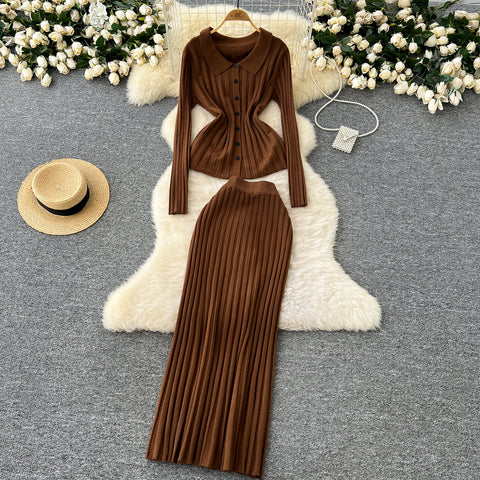 Waist-slimming Knitwear&Skirt Striped 2Pcs