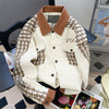 Lapeled Houndstooth Patchwork Baseball Jacket