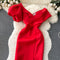 Asymmetric Puffy Sleeve Red Dress