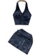 Halter Top&Hip-wrapping Skirt Denim 2Pcs