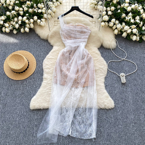 One-shoulder Lace Wrapped Dress