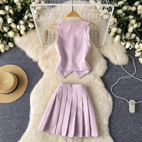 Single-breasted Vest&Pleated Skirt 2Pcs