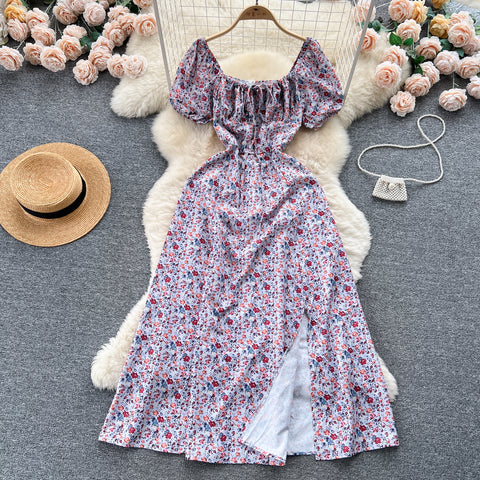 Ruffled Neckline Floral Split Dress