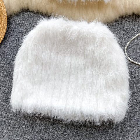 Tube Top&Skirt White Furry 2Pcs