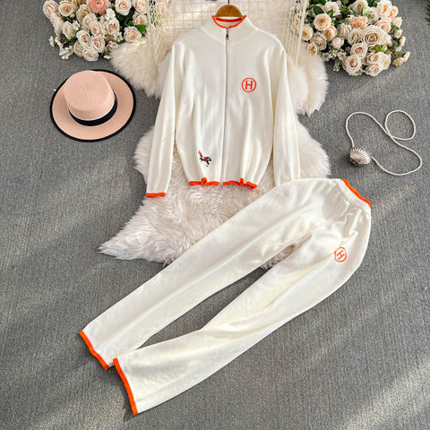 Zipped Cardigan&Wide-leg Trousers 2Pcs