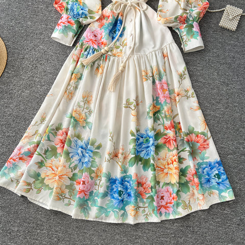 Courtly Lace-up Floral Shirt Dress