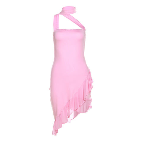 Modern Ruffled Ribbon Halter Dress