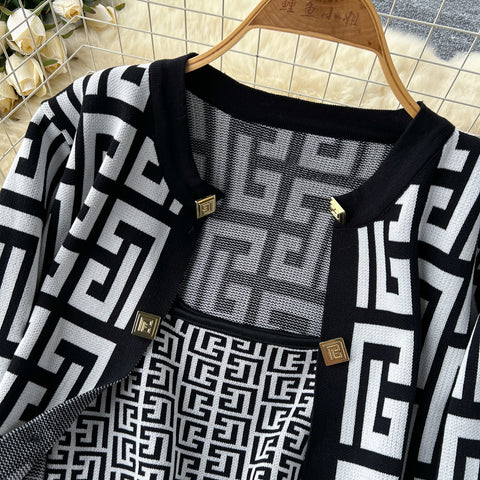 Maze Pattern Cardigan&Camisole&Trousers 3Pcs