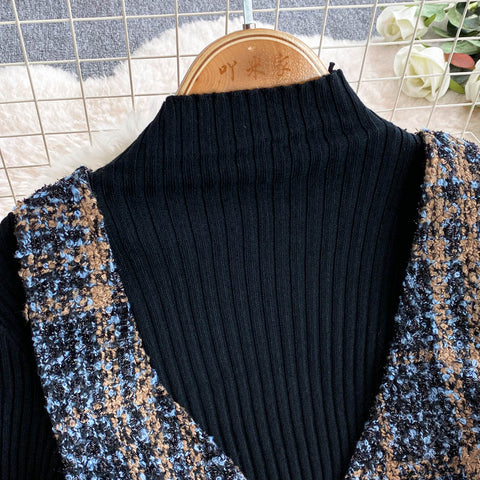 V-neck Tweed Dress&Black Sweater 2Pcs