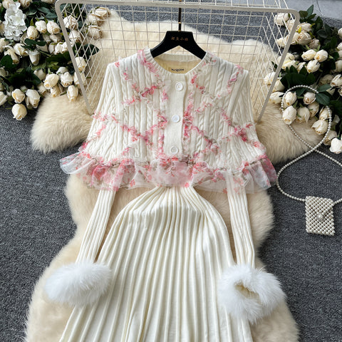 Ruffled Cape&Mesh Floral Dress 2Pcs