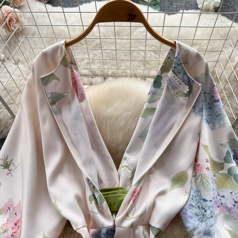 Japanese-Inspired Floral Print V-Neck Dress