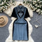 Polo Collar Zipped Denim Patchwork Dress