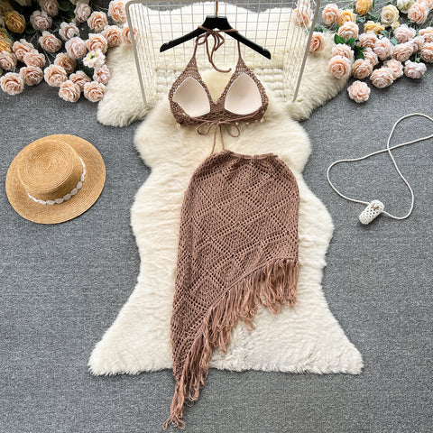 Halter Bikini&Fringed Skirt Knitted 2Pcs