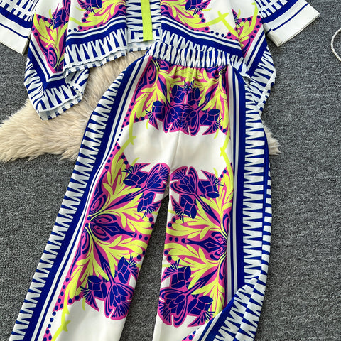 Bat Sleeve Top & Trousers Ethnic Printed 2Pcs