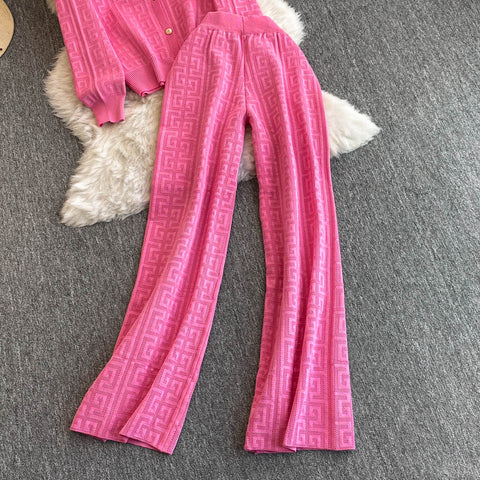Crochet Cardigan&Wide-leg Trousers 2Pcs