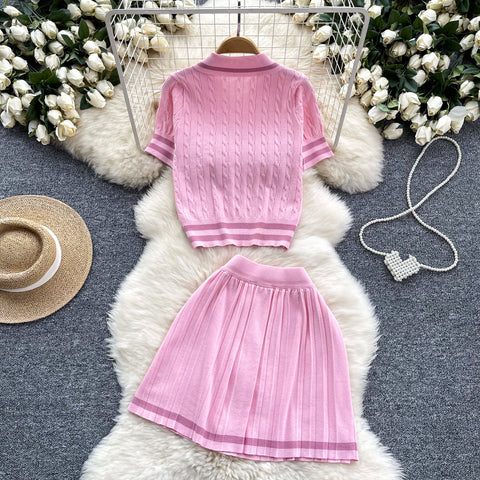 Lapeled Sweater&Pleated Skirt 2Pcs