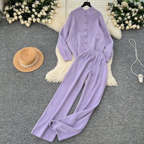 Turtleneck Cardigan&Wide-leg Trousers 2Pcs