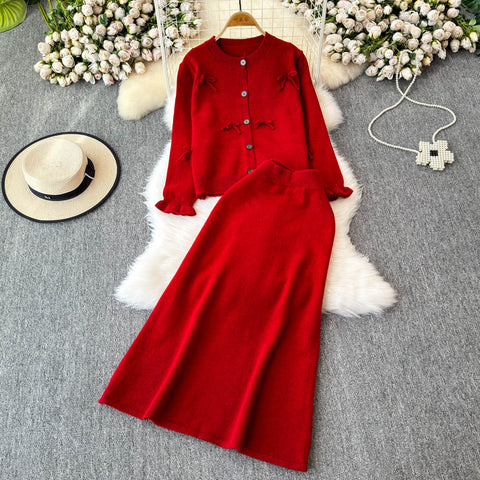 Bow Cardigan&Slim-fit Skirt 2Pcs