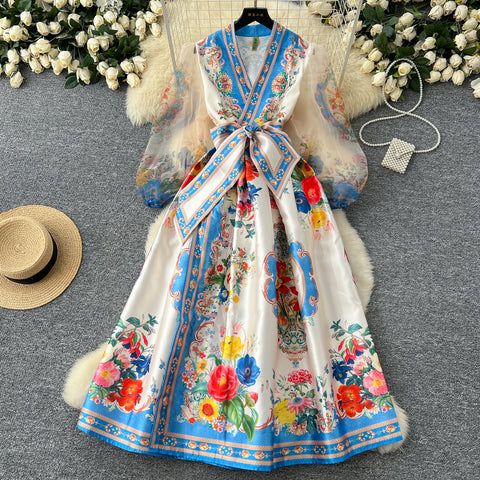 Courtly Lace-up Floral Printed Dress