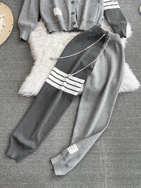 V-neck Cardigan&Drawstring Trousers 2Pcs