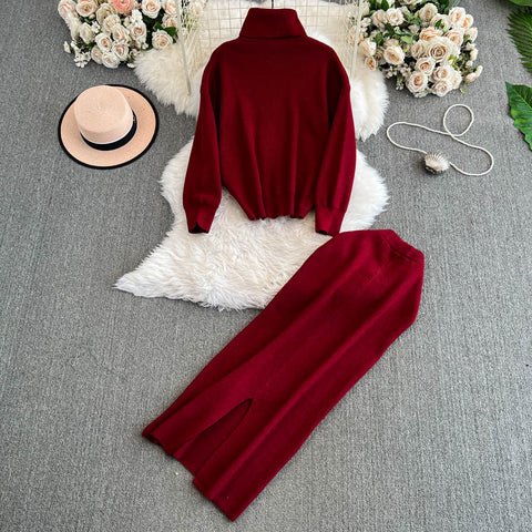 Turtleneck Sweater&Split Skirt 2Pcs