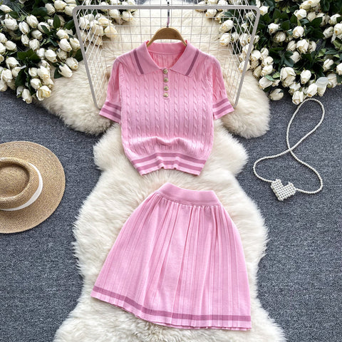 Lapeled Sweater&Pleated Skirt 2Pcs