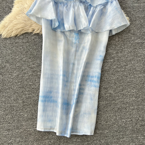 Tie-dye Blue Halter Top & Skirt 2Pcs