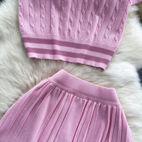 Lapeled Sweater&Pleated Skirt 2Pcs