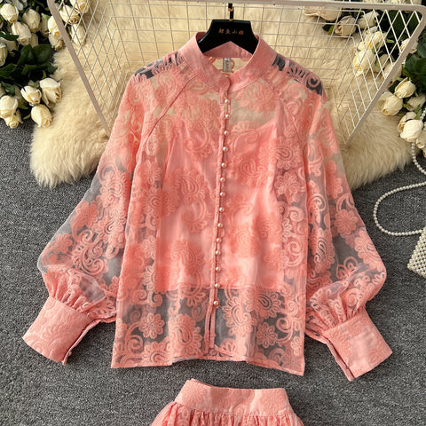 Embroidered Mesh Shirt & Skirt 2Pcs