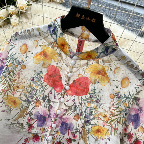 Flared-sleeve Shirt & Skirt Floral 2Pcs