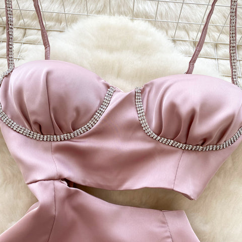 Rhinestone Studded Hollowed Pink Slip Dress