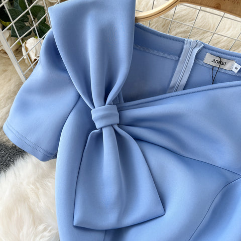Knotted Bow Pleated Blue Dress