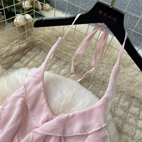 Irregular Design Ruffled Pink Halter Dress
