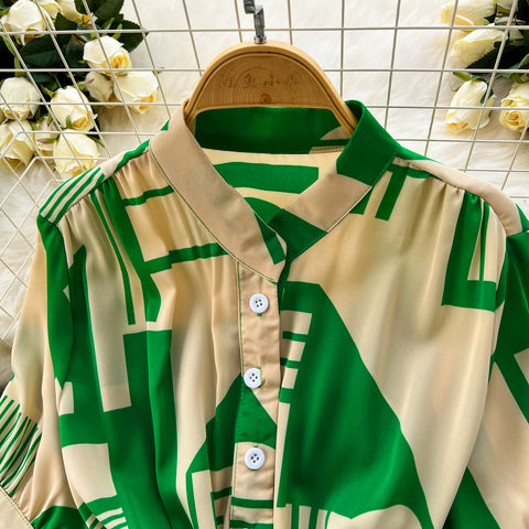 Geometric Printed Single-breasted Shirt Dress