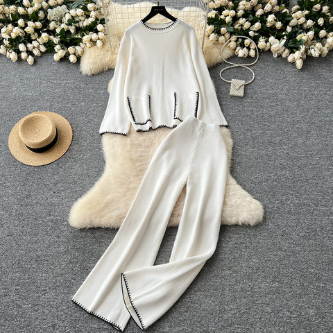 Round-collar Sweater&Trousers 2Pcs