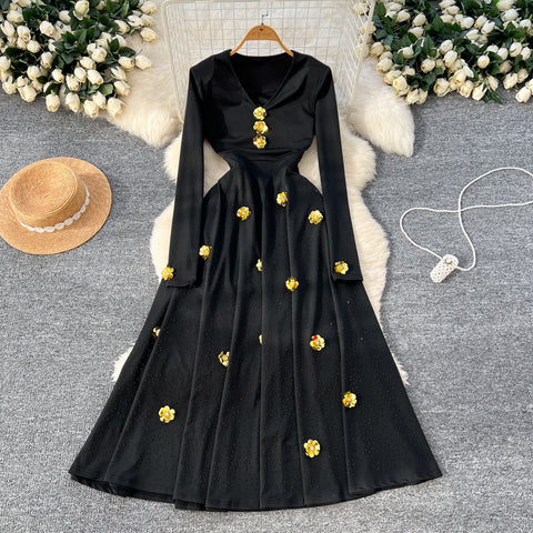 Sequin Beaded Floral V-neck Dress