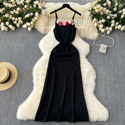 3d Floral Neckline Black Slip Dress