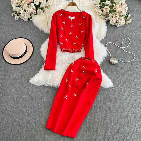 Rhinestone Studded Sweater&Skirt 2Pcs