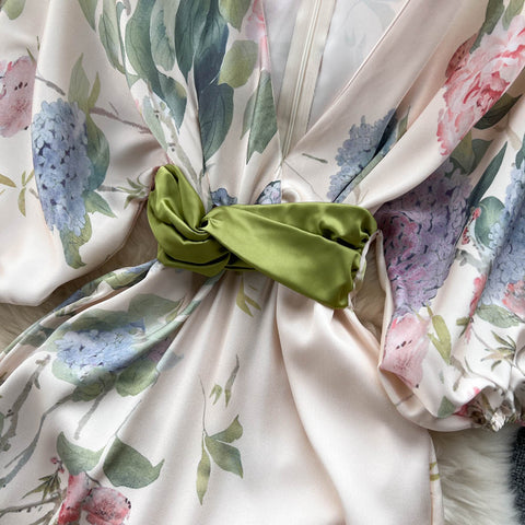 Japanese-Inspired Floral Print V-Neck Dress