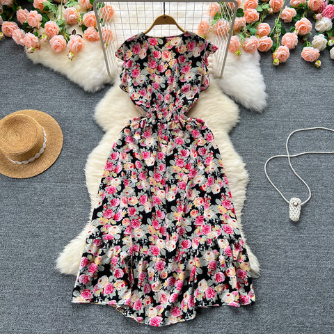 V-neck Elastic Waist Floral Dress